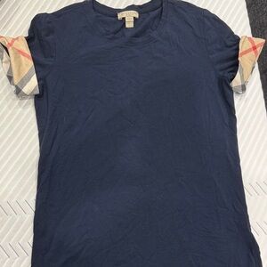 Burberry Navy Tee with Checkered Sleeves
